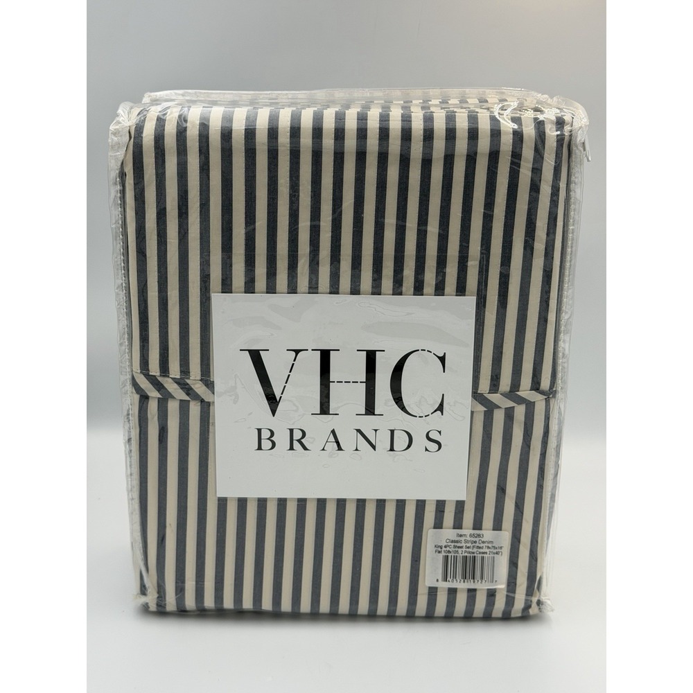 VHC Brands KING  Sheet Set Blue Stripe Denim Cotton 4pc Farmhouse Ticking NWT